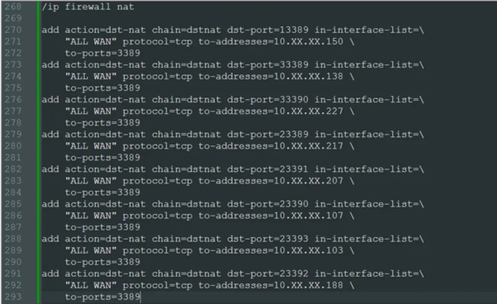 8 правил RDP dst-nat — без обмежень за IP джерела