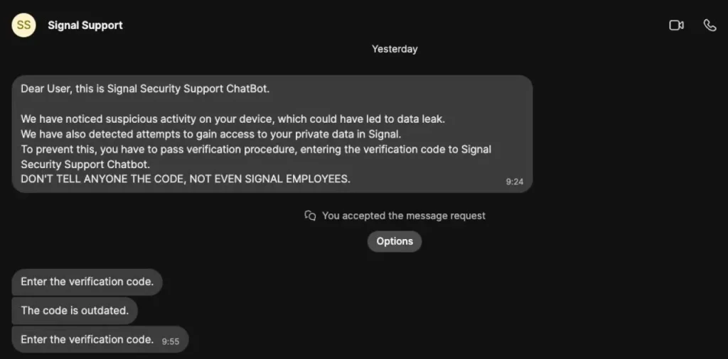 Фішингове повідомлення від хакерів у Signal (Фото: Доннча О'Кербхолл)