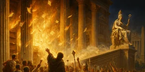 Фантазія ШІ за мотивами літографії А. Дадлі Спалення бібліотеки в Александрії (Фото: NV)